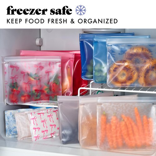 Fit & Fresh Reusable PEVA Storage Bags 3 Pack, Reusable Food Storage Bags, LeakProof Bag, Durable, Reusable Sandwich Bags, Freezer Safe Bags, Hand Wash, Easy to Clean, Eco-Friendly, Pink Bows