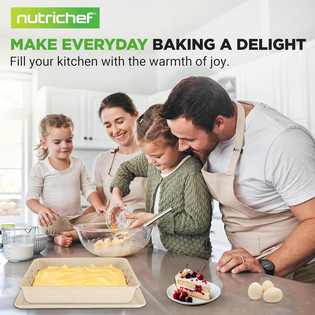 NutriChef 8-Piece Bakeware Set - Non-Stick Carbon Steel Pans | Includes Sheet, Muffin, Round, Loaf, Square & Deep Pans | Marble Cream Finish, Oven Safe to 450°F