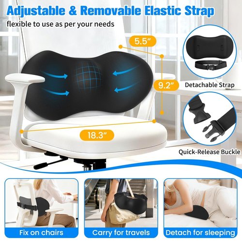 SweetSlubr Lumbar Support Pillow for Office Chair - Memory Foam Lumbar Pillow with Detachable Strap & Breathable Cover, Ergonomic Back Support for Office Chair, Car, Bed Rest (Black)
