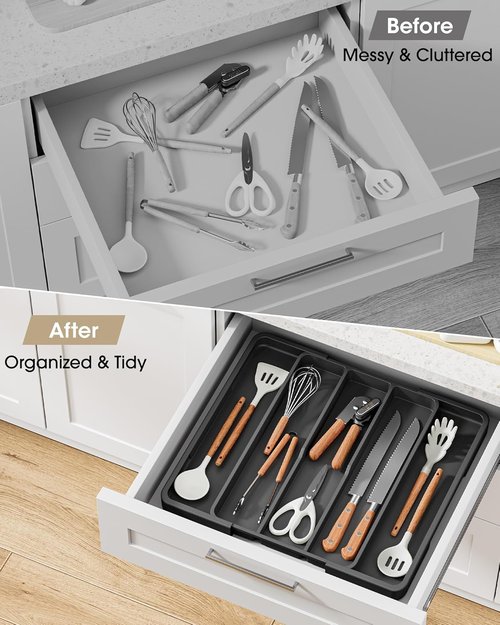 Aujen Silverware Organizer - Expandable Utensil Tray for Kitchen Drawers | Adjustable Cutlery Storage, Black, X-Large