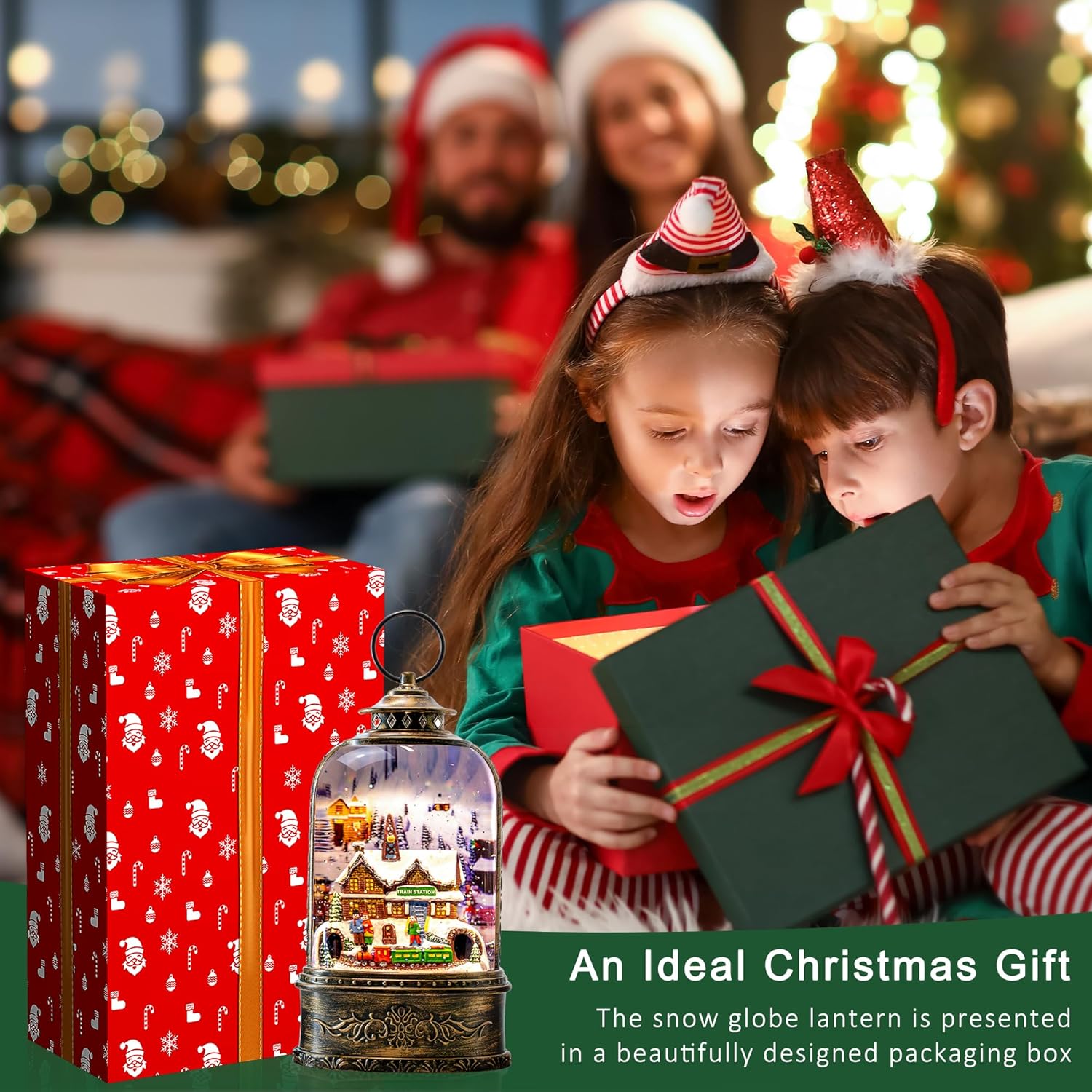 Skiennix Christmas Village Snow Globe - Musical Water Lantern with Train Station Scene | Battery or USB Powered Holiday Decoration for Tabletop Display