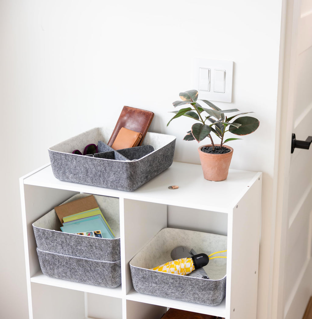 Three by Three Seattle felt·like·it!™ Small Cubby Storage Bin Set of 3 with Dividers – Eco-Friendly Recycled Felt Bins for Home & Office Organization, Charcoal