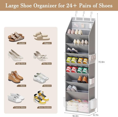 Criusia Shoe Organizer - Over The Door Hanging Storage with Large Pockets | Fits 16-24 Pairs, Gray