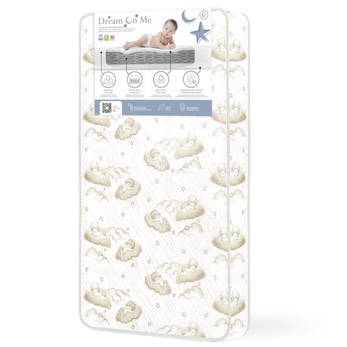 Dream On Me Sweet Dreams 88 Coil Spring Crib and Toddler Bed 6" Mattress in Blue, Green Guard Gold Certified, Beige Cloud Vinyl Cover with Baby, 17 lb