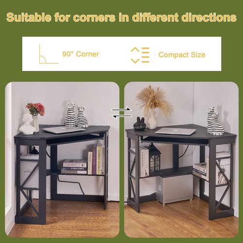 VECELO Corner Computer Desk 41x30 inches with Charging Station & Keyboard & Storage Shelves for Small Space,Triangle Table for Home Office Bedroom,Black