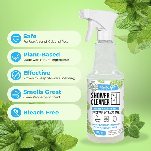 Mighty Mint Daily Shower Cleaner Spray – No Rinse, No Scrub Solution for Glass, Tile & Grout – Plant Based Formula with Peppermint Scent - 16 oz.