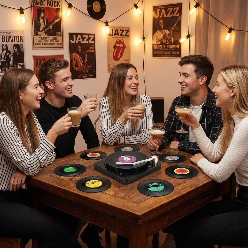 MECOWON Vinyl Record Coasters with Record Player Holder - 6Packs, Cool Coasters for Music Lovers, Great for Housewarmings, Parties, or Any Music Enthusiast in Your Life.