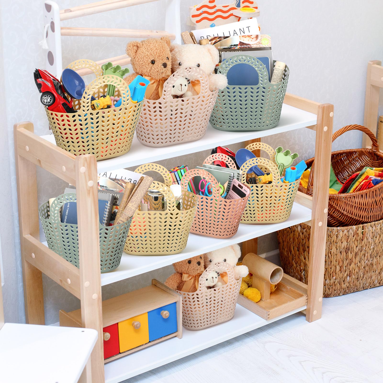 Nuogo 10 Pack Plastic Basket with Handles Multicolor Oval Carry Totes Potable Multipurpose Reusable Toiletry Storage Organizer Basket for Home Bathroom Dorm Communal Showers School