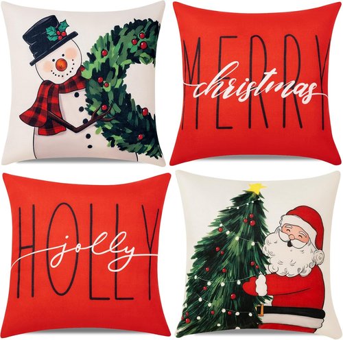 Hongsome Christmas Throw Pillow Covers - Set of 4 Decorative Snowman & Santa Cases | 18x18 Inches Red & White Holiday Decor