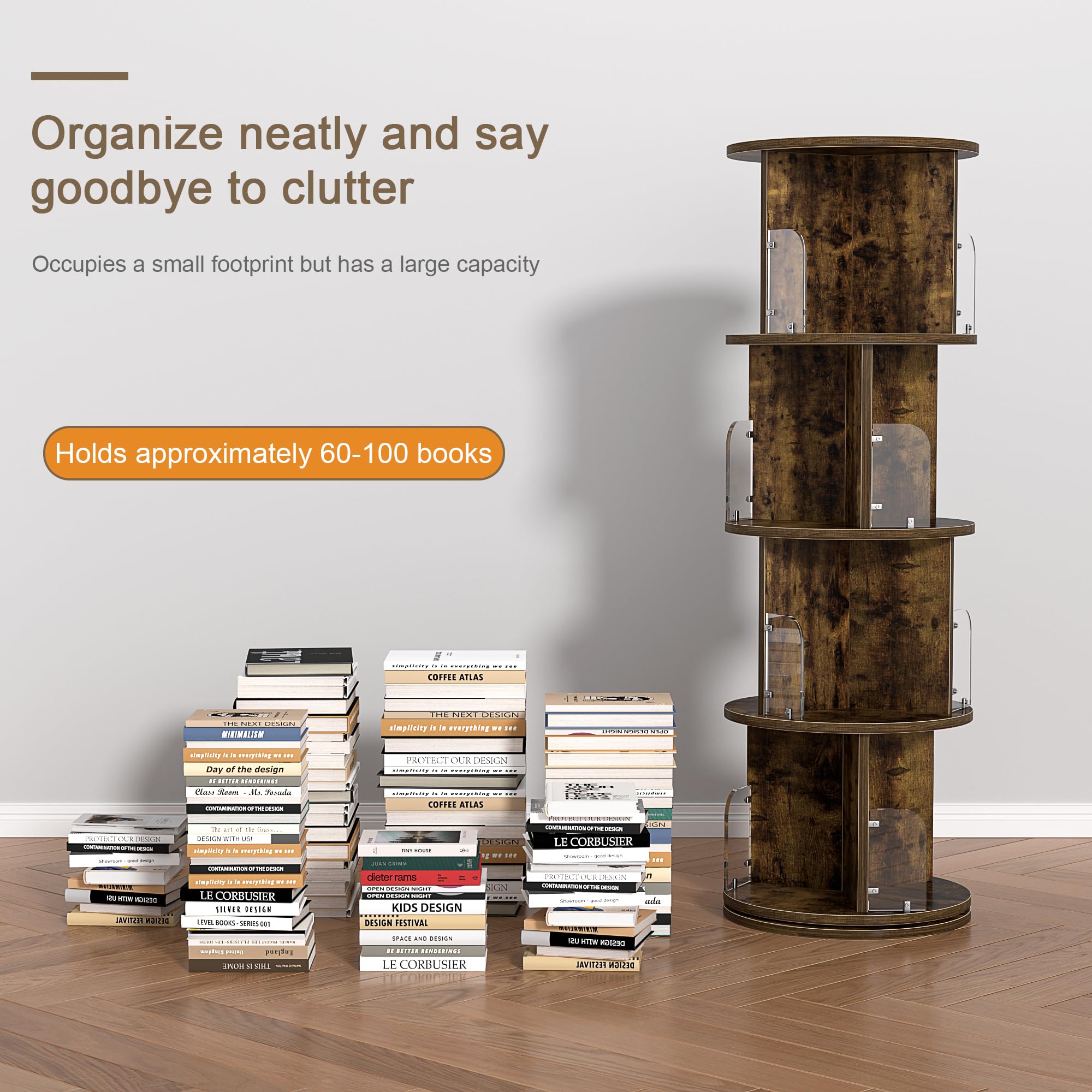 VECELO Rotating Bookshelf Tower, 360°Revolving Bookcase, Round Book Shelf Rotating, Stackable Storage Display Rack Floor Standing, Corner Bookshelf for Home Office, Deep Brown