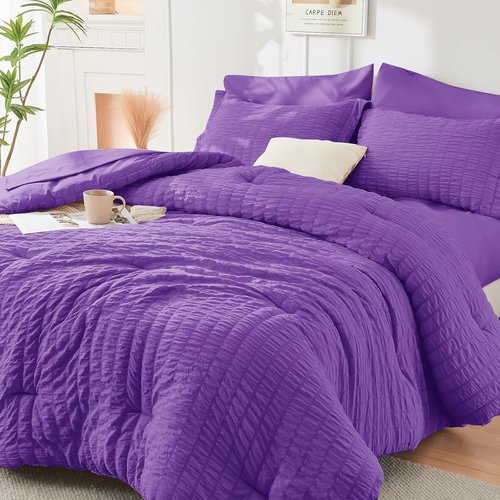 HYMOKEGE King Size Comforter Set - Bright Purple Seersucker 7-Piece Luxury Bedding Set
