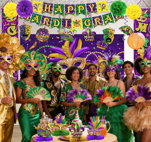 Mardi Gras Decorations Include Backdrop, Banner, Hanging Swirls, Porch Sign, Paper Pompoms, Honeycomb Centerpieces for Indoor/Outdoor Front Door Home Masquerade Party