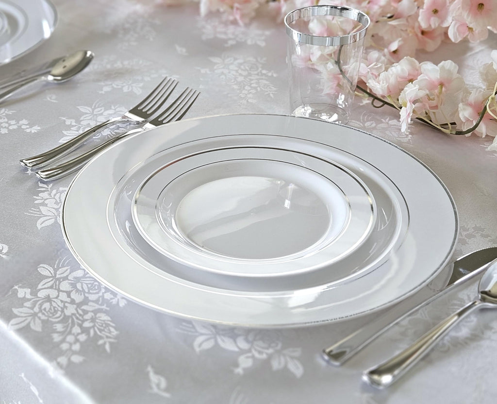 OCCASIONS 50pc Disposable Plastic Plates for 25 Guests - Heavy Duty Hard Fancy Plates Set, China-Like Look - 10.5" Dinner & 7.5" Salad/Dessert for Wedding Party, BPA Free (White & Silver Rim)