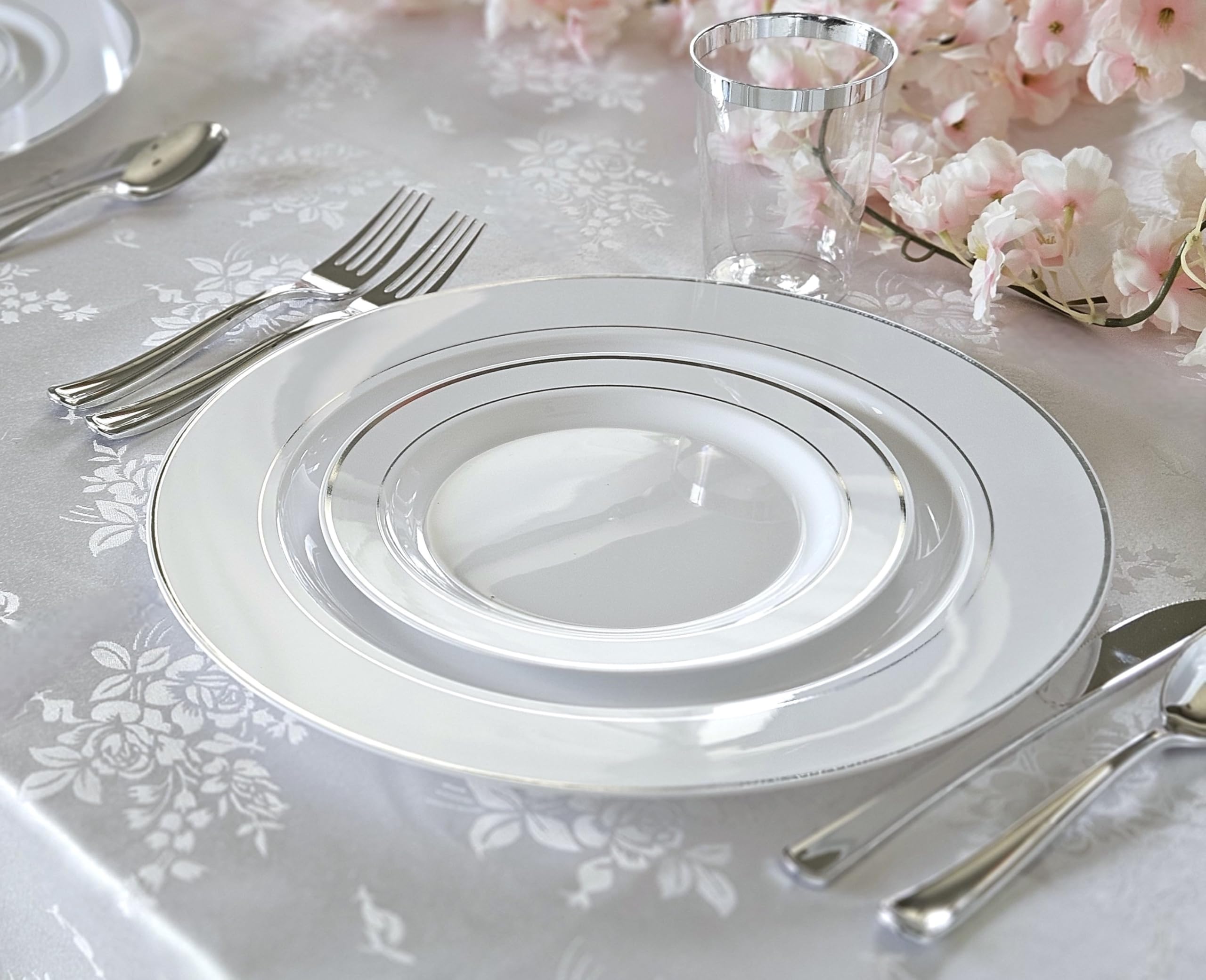 OCCASIONS 50pc Disposable Plastic Plates for 25 Guests - Heavy Duty Hard Fancy Plates Set, China-Like Look - 10.5" Dinner & 7.5" Salad/Dessert for Wedding Party, BPA Free (White & Silver Rim)