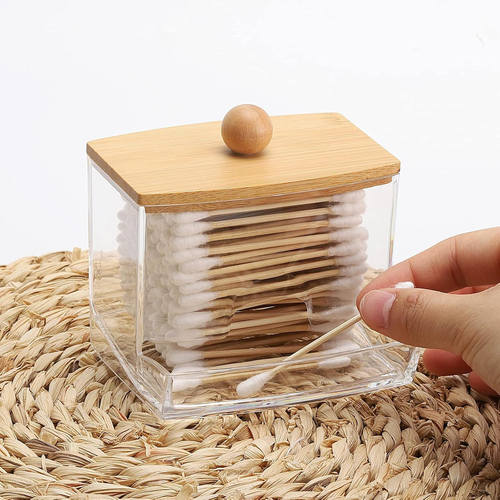 Tbestmax Qtip Holder Dispenser - 10oz Clear Bathroom Organizer with Bamboo Lids for Cotton Swabs & Accessories