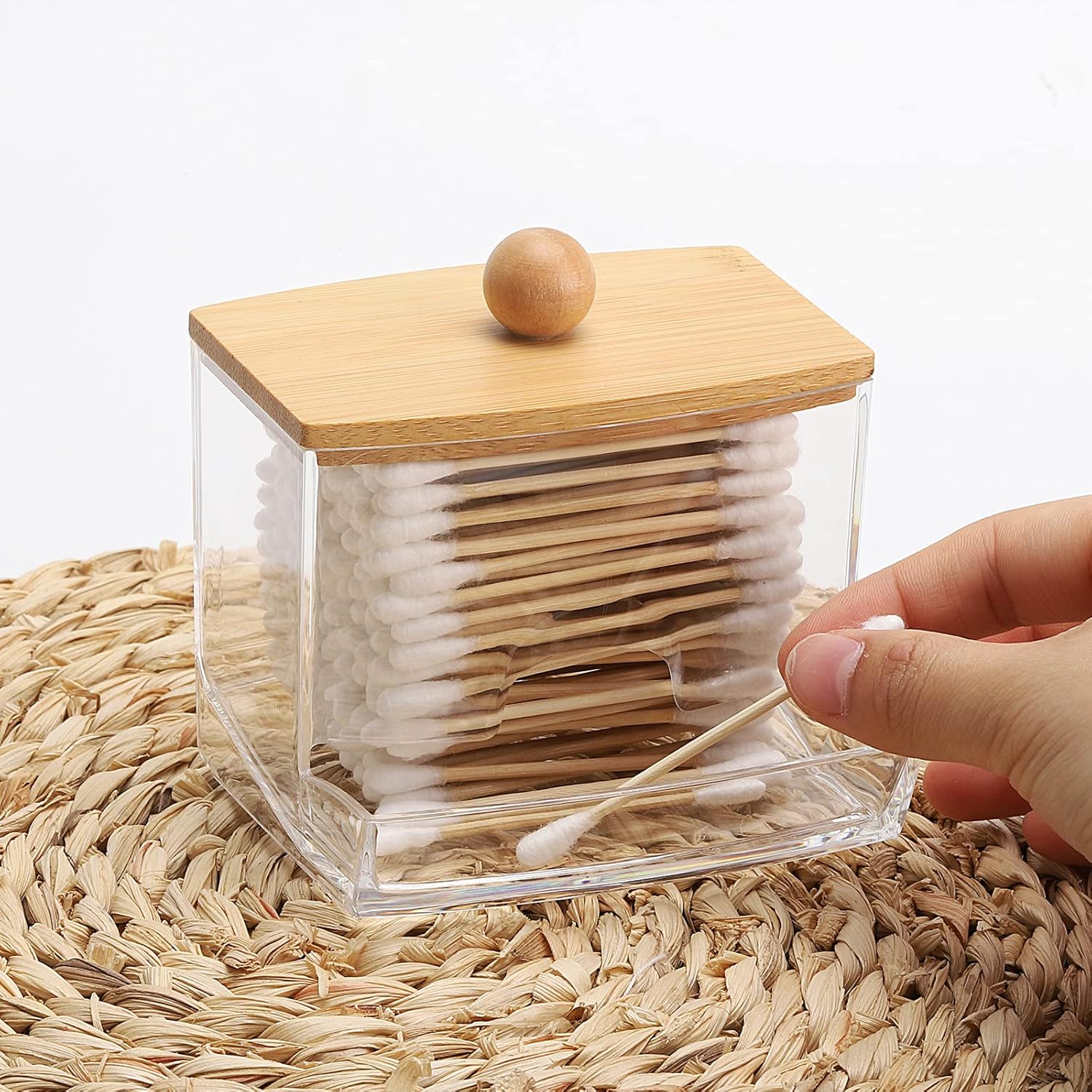 Tbestmax Qtip Holder Dispenser - 10oz Clear Bathroom Organizer with Bamboo Lids for Cotton Swabs & Accessories