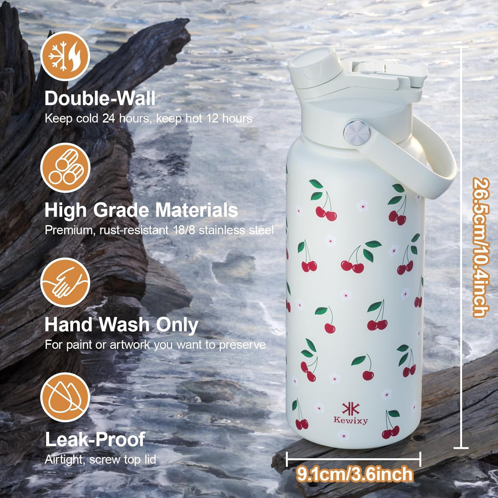 Skiennix 32 oz Cherry Water Bottle - 2-in-1 Leak-Proof Lid with Straw & Spout | Reusable Stainless Steel for Travel & Gym