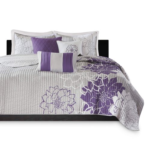 Madison Park Lola 100% Cotton Quilt Set-Casual Floral Channel Stitching Design All Season, Lightweight Coverlet Bedspread Bedding, Shams, Decorative Pillows, Full/Queen (90 in x 90 in), Purple 6 Piece