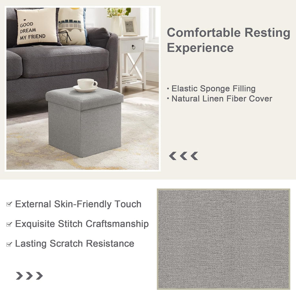 VECELO Storage Ottoman, 11.8'' Folding Footstools, Multipurpose Foot Rest Stool, Foldable Linen Fabric Ottomans, Small Square Ottoman Cube for Living Room/Bed Room/Dorm, Grey