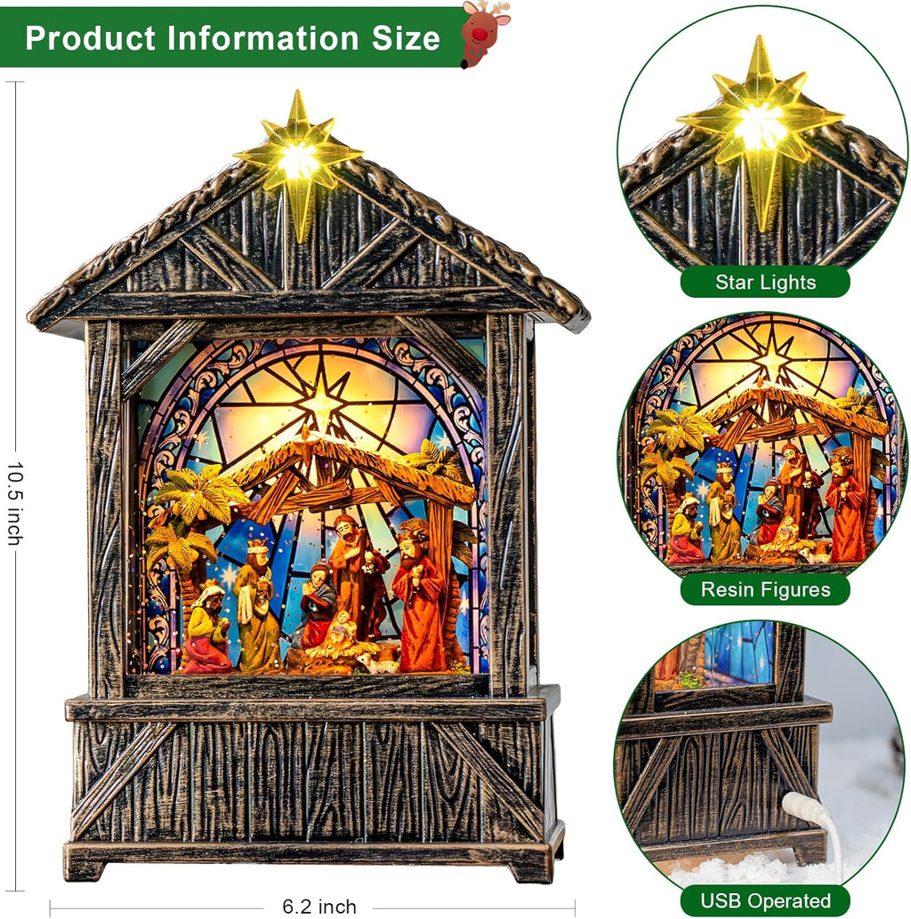 Regine Switzerland Christmas Snow Globe Lantern - Musical Nativity Scene Decor | 6-Hour Timer, USB/Battery Operated
