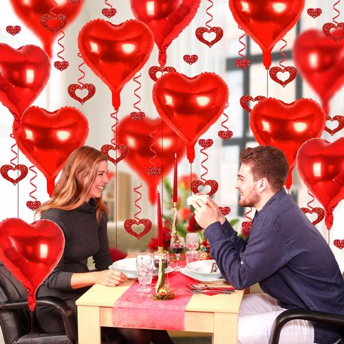 24 Pcs Red Heart Balloons, 100 Pcs Heart Hanging Streamers, 18 Inch Heart Foil Balloons Valentine's Day Balloon Love Balloon for Valentines Day Proposal Wedding Party Decorations (Red)