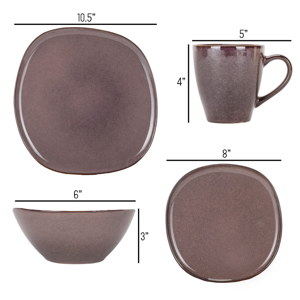 Elanze Designs 16-Piece Modern Luxury Chic Smooth Vintage Handmade Shape High Gloss Ceramic Stoneware Square Plate Mug & Bowl Kitchen Dinnerware 16 Piece Set - Service for 4, Plum Purple