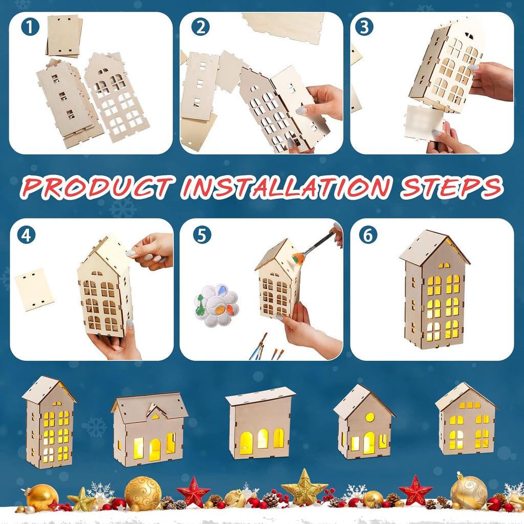 Skiennix Christmas Village Set - 12 Unassembled Houses with 6 LED Candle Lights | Festive Holiday Decor