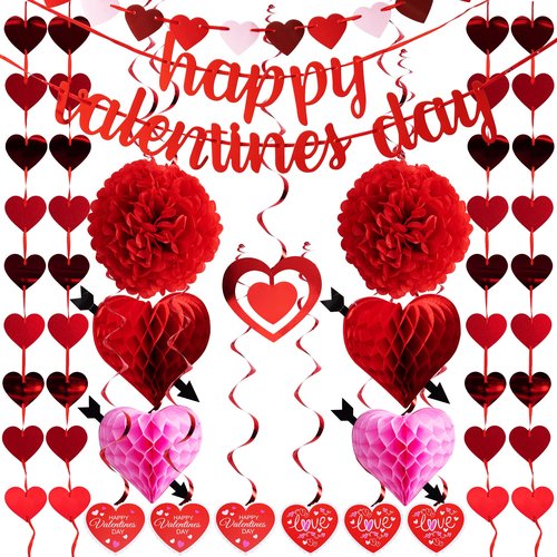 JOYIN 20 Packs Valentine’s Day Swirl String Cutout with Garland , Party Decoration Kit with Banner, Cutouts Swirls Garland, Tissue Fans &Poms for Valentines Party Supplies, Decor Wedding Anniversary