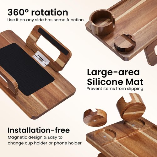 Danfoxer 3 in 1 Acacia Wood Couch Arm Tray,Couch Tray with Cup Holder and Phone Holder,Folding Sofa Armrest Trays Clip-On Sofas Desk for Drinks,Snacks,Phone,Remote Control