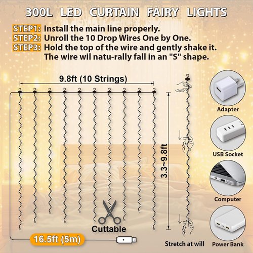 HXWEIYE 300LED Fairy Curtain Lights - 9.8x9.8Ft USB Plug-In with Remote | 8 Modes Warm White Indoor Decor