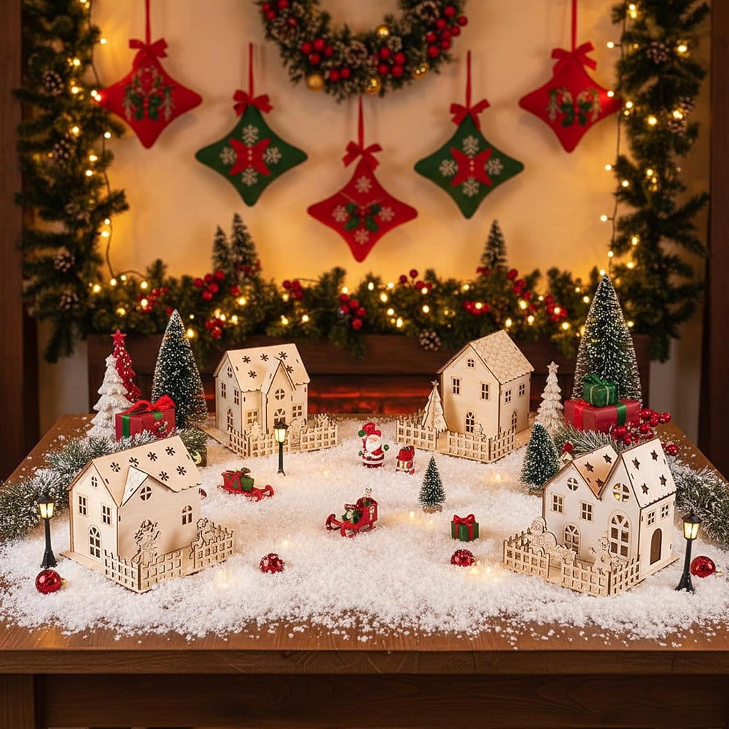 Qunclay Christmas Village Set - 4 Unfinished Wooden Houses for Holiday Crafts & Table Decor