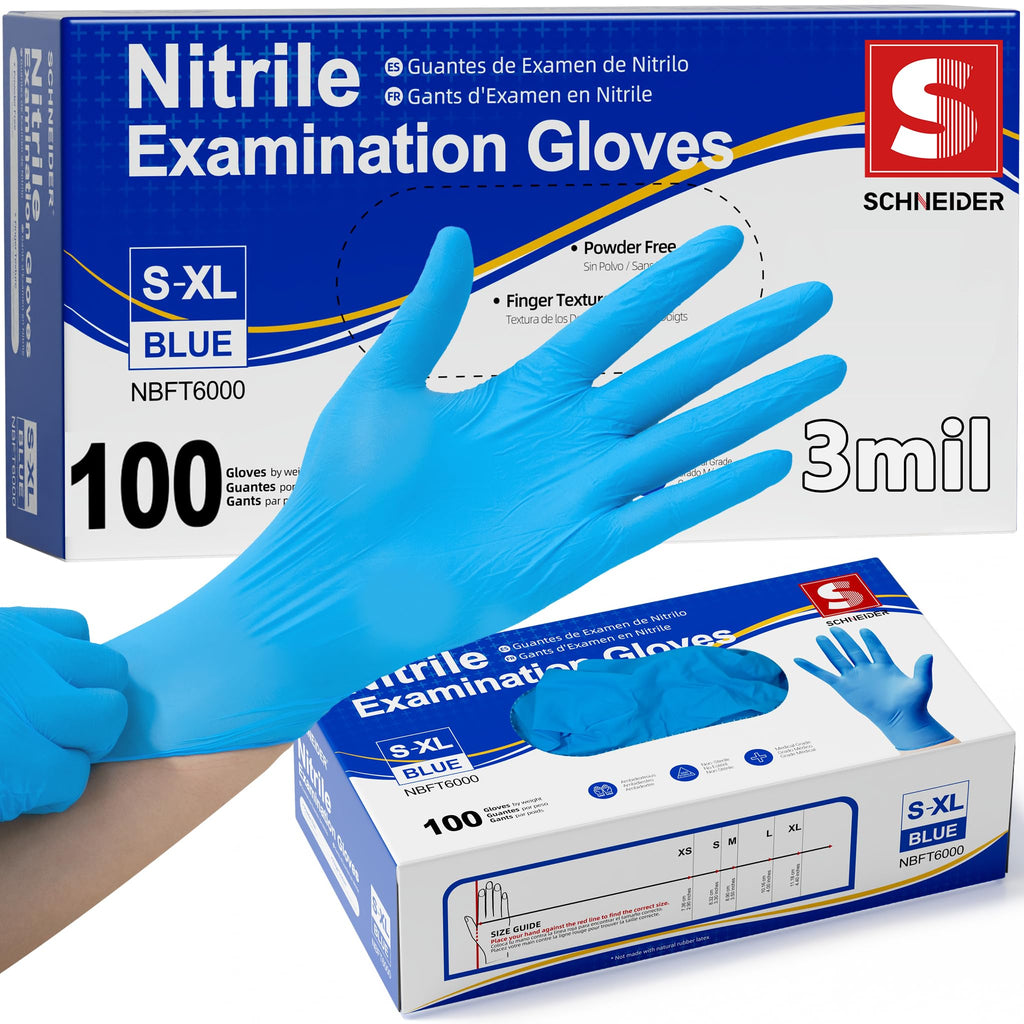 Schneider Medical Nitrile Exam Gloves, Powder-Free, Latex-Free, Non-Sterile Disposable Gloves for Medical Use, Cleaning and Food Prep, Blue, 200 Count, Medium