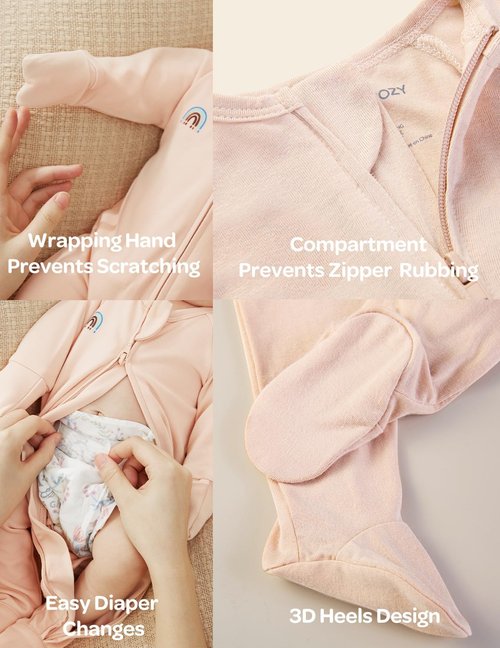 Momcozy Unisex Baby Pajamas, Baby-Temp Monitoring Double Zipper Boy Girl Sleepers Rompers Footie, 2 Pack Light Weight Stretchy Viscose Derived from Bamboo Baby Jammies, 0-3 M, Pinkish Grey Brown