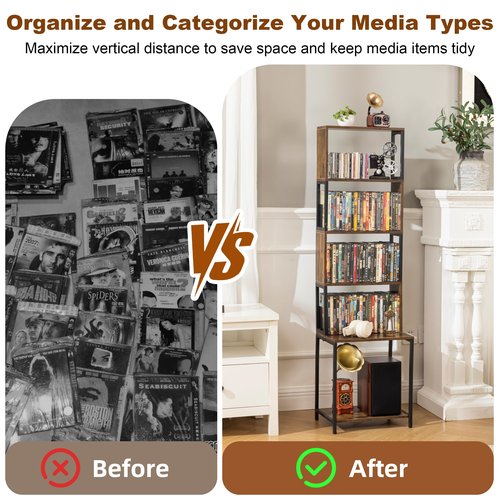 Aquzee DVD Shelf, Wooden CD Storage Rack, CD Holder with Adjustable Dividers, DVD Tower Rack, Media Storage Shelf for CDs/DVDs, Books, Video Games, Suitable for Living Room, Bedroom, Home Office