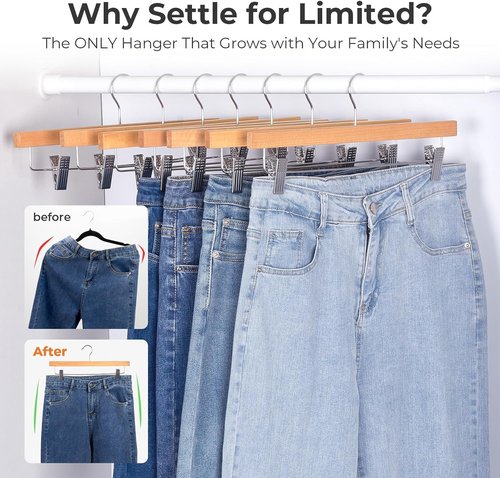 HOUSE DAY Premium Wooden Pants Hangers - Heavy Duty Anti-Slip Clips for Slacks & Jeans | 25 Pack, Natural Finish