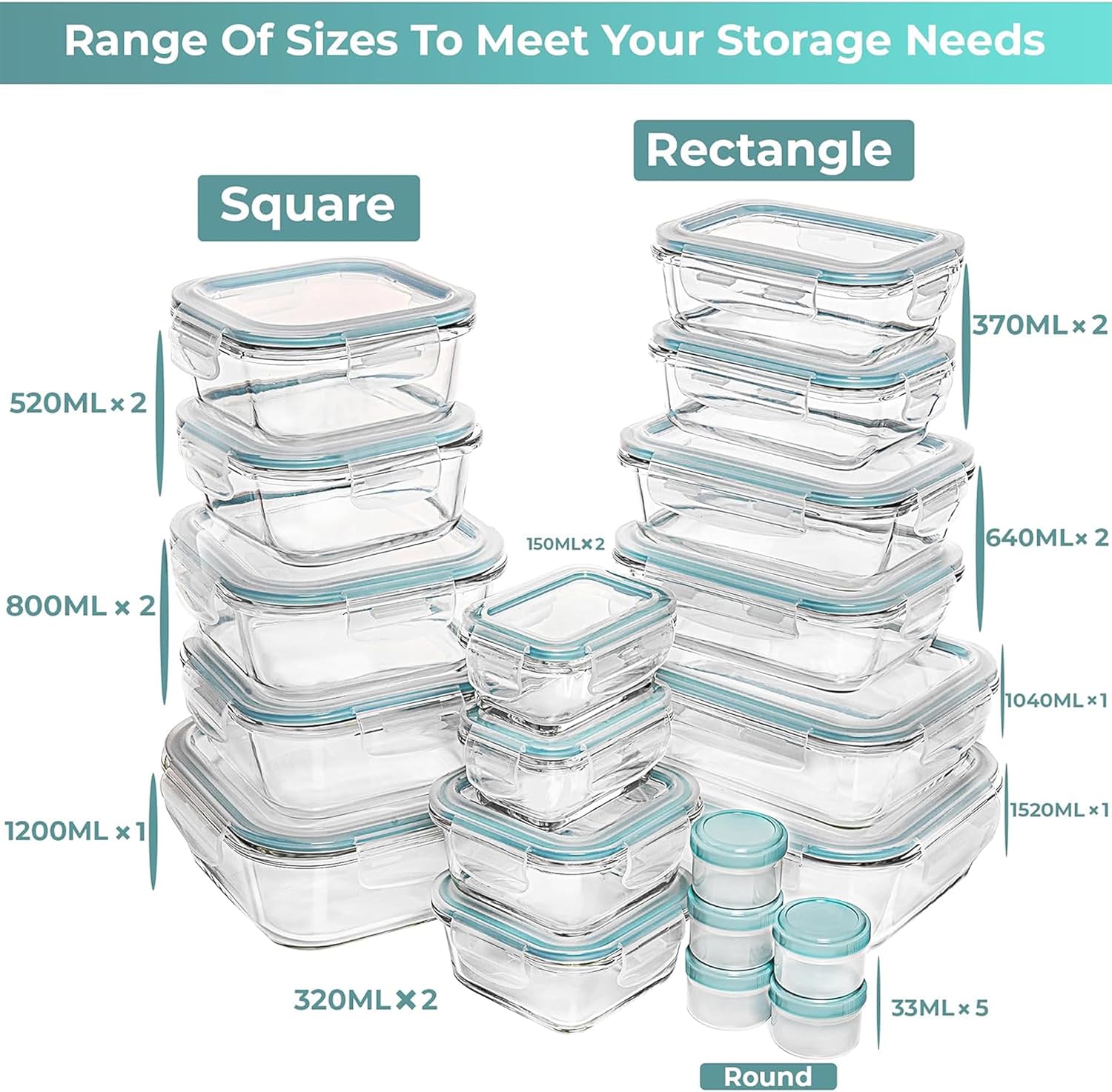 Razab Glass Food Storage Containers Set - 35 Pc Airtight Meal Prep Bento Boxes, BPA-Free & Leak Proof