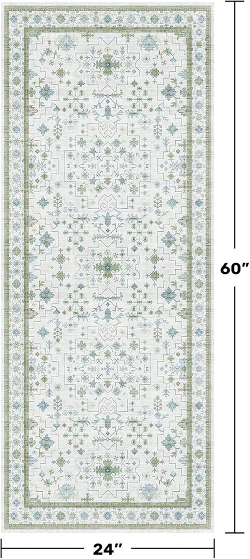 Hazo Haus Washable Oushak Bathroom Runner Rug - Eclectic Boho Floral Pastel, Non-Slip, Stain Resistant | 2x5 ft