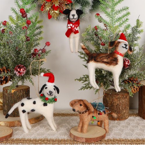 Juegoal Christmas Felt Dog Ornaments - Set of 4 Cute Wool Puppy Decorations for Tree & Wreath