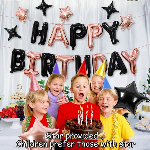 Happy Birthday Banner - 3D Mylar Foil Letter Balloons & 8 Star Balloons | Black & Rose Gold Party Decor