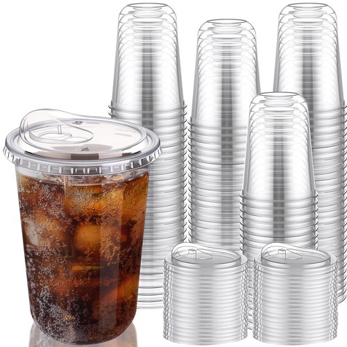 LemonRoad 200 Sets 16 oz Round Bottom Clear Plastic Cups with Sip Lid Disposable Plastic Iced Coffee Cup with Strawless Lid for Smoothie, Juice, Cold Beverage, Party Catering, Drink Shop