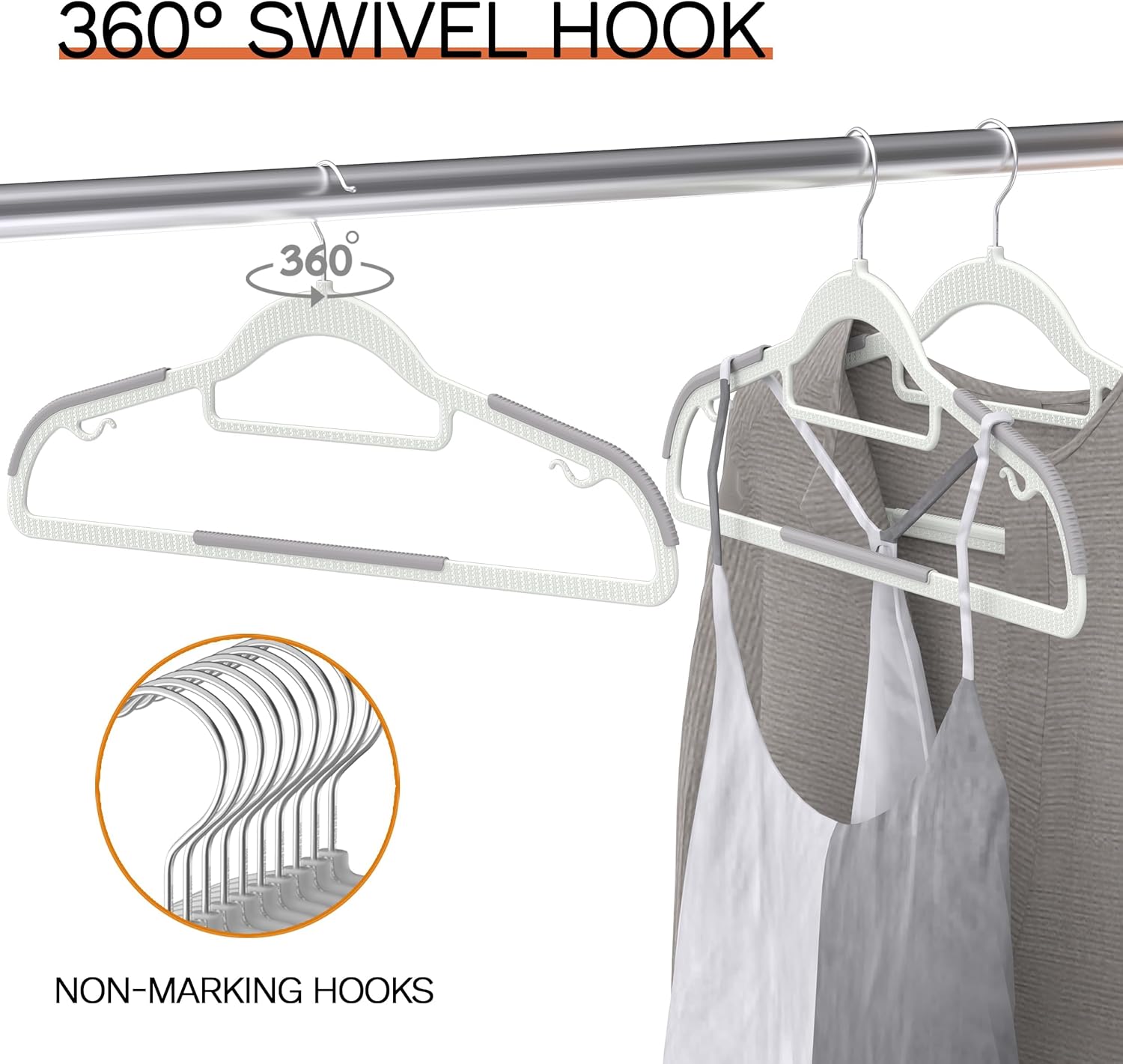 Skiennix Heavy Duty Plastic Hangers - Non-Slip Design with Rubber Pads, 360° Hook | Space-Saving Gray 60-Pack