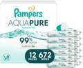 Pampers Aqua Pure Baby Wipes - 99% Water, Fragrance-Free, 672 Total Wipes in 12 Flip-Top Packs