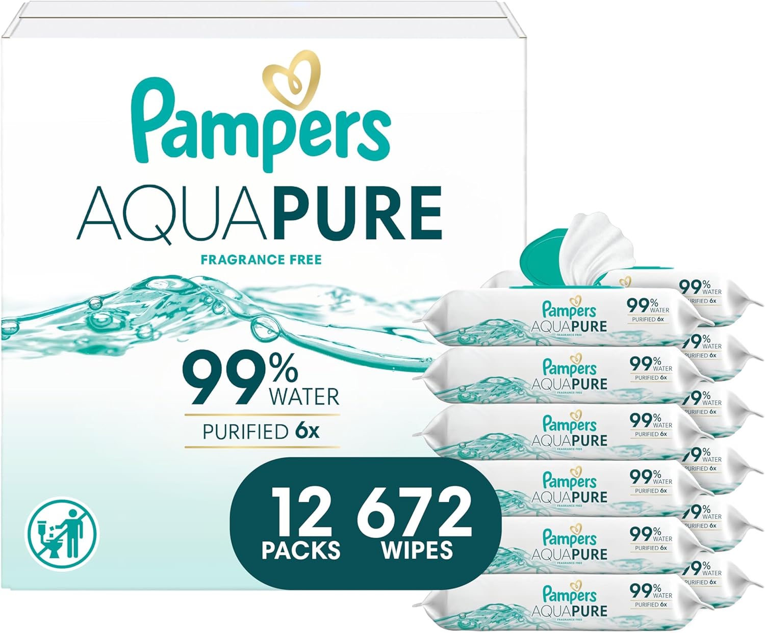 Pampers Aqua Pure Baby Wipes - 99% Water, Fragrance-Free, 672 Total Wipes in 12 Flip-Top Packs