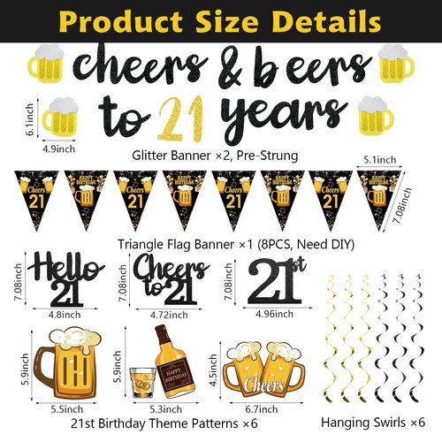 Black Gold 21st Birthday Decorations for Him Men, Glitter Pre-Strung Cheers to 21 Years Banner Hello 21 Hanging Swirls Paper Triangle Flag Banner Decorations Bday Party Supplies Kit