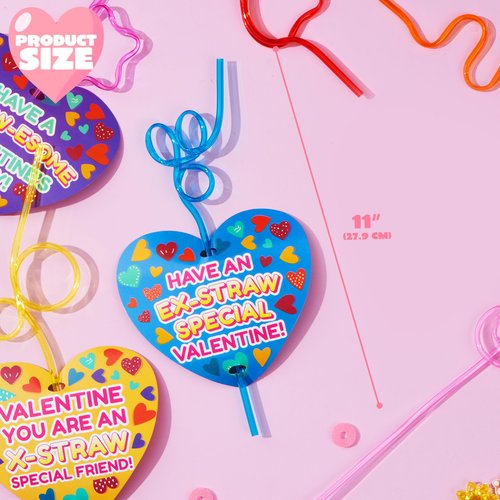 JOYIN 28 Pack Valentines Day Gift Cards with Gift Colorful Crazy Loop Reusable Drinking Straws for Classroom Exchange Prizes, Valentine Party Favors Toy