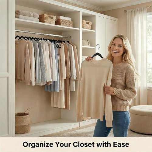 HOUSE DAY Black Plastic Hangers 60 Pack - Heavy Duty Non-Velvet Hangers with 360° Swivel Chrome Hook & Non Slip Notches - Slim Space Saving Clothes Hangers Ideal for Dresses Coats Shirts Jackets