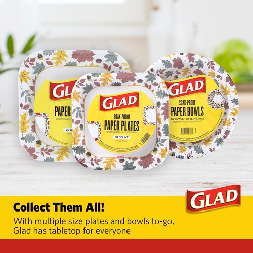 Glad Square Disposable Paper Plates, Falling Foliage Pattern - Strong, Sturdy, Soak Proof, and Microwavable Decorative Plates for Dinner and Everyday Use, 10 Inch, 50 Count