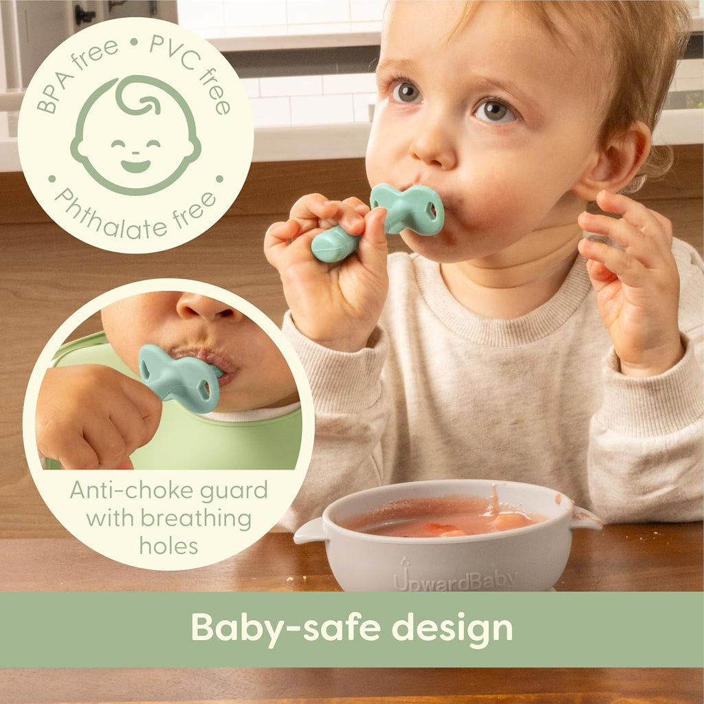 Upward Baby Spoons - Self-Feeding Toddler Utensils with Anti-Choke Barrier | 3-Pack Silicone Spoons for 6+ Months - Red, White, Blue