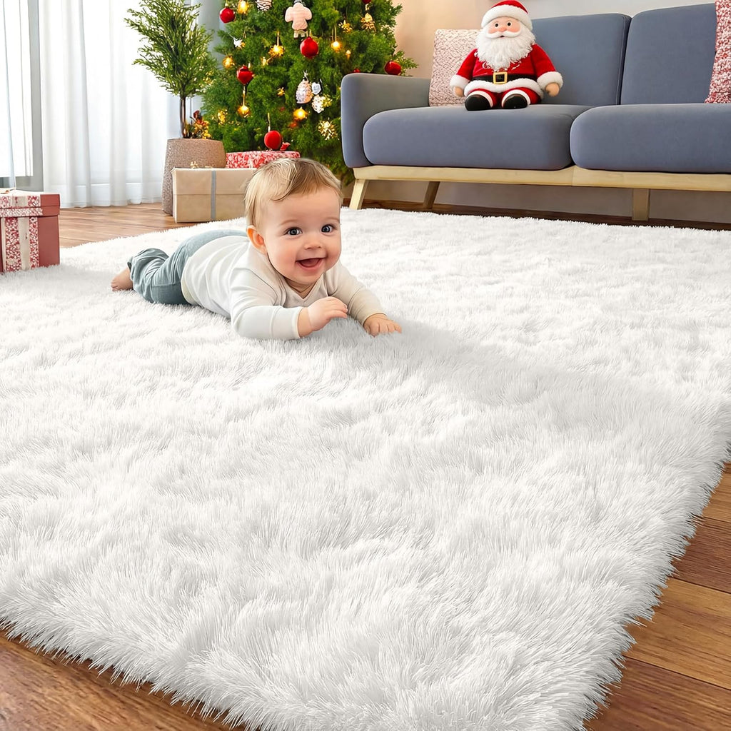 OLANLY Large Area Rug - Soft Fluffy Shaggy Carpet for Living Room & Bedroom | Machine Washable, White