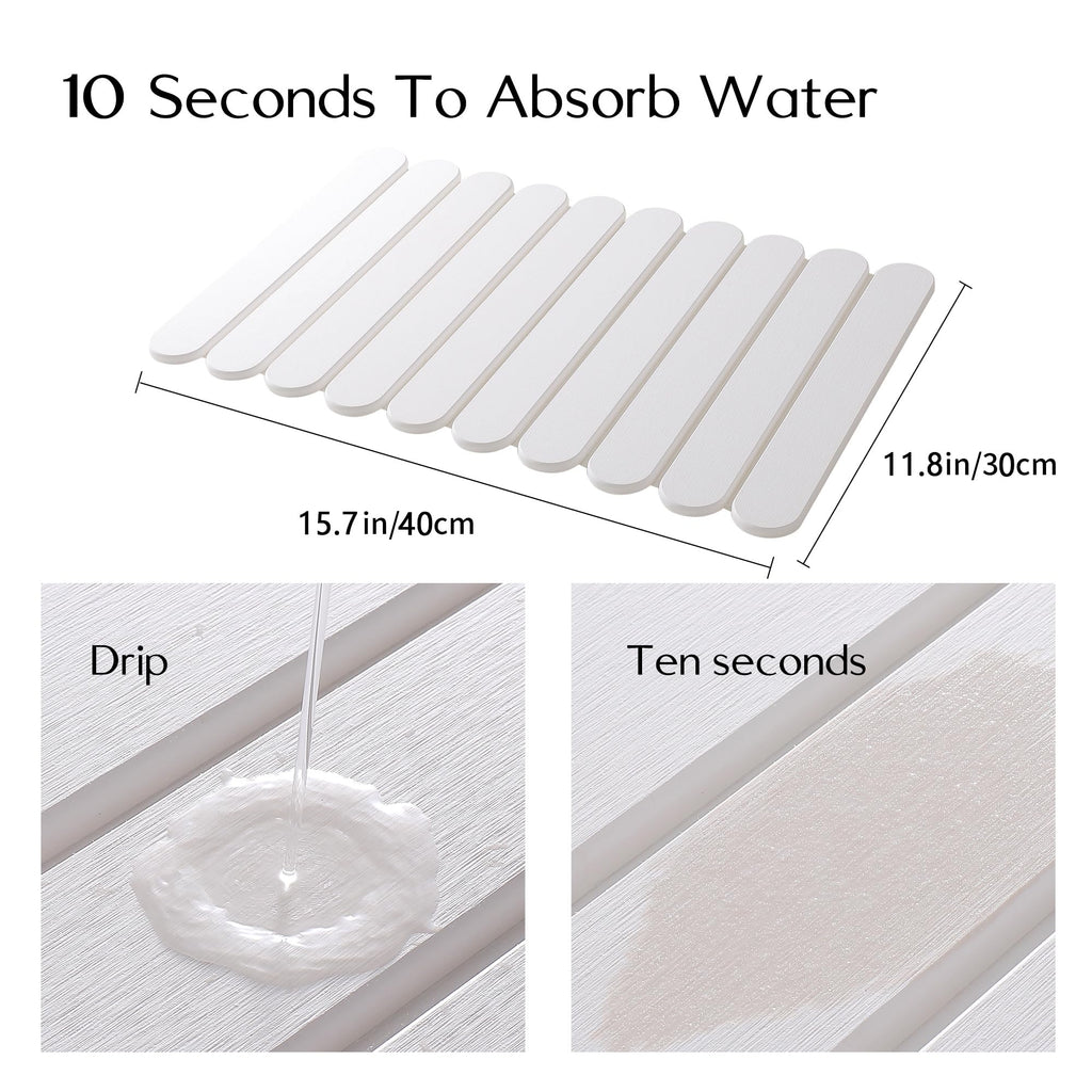 16"×12" White Stone Dish Drying Mats for Kitchen Counter, Large Quick Dry Collapsible Eco-Friendly Super Absorbent Diatomaceous Earth Heat-resistant Mat for Dishes Bottles Cups, Match Any Countertop